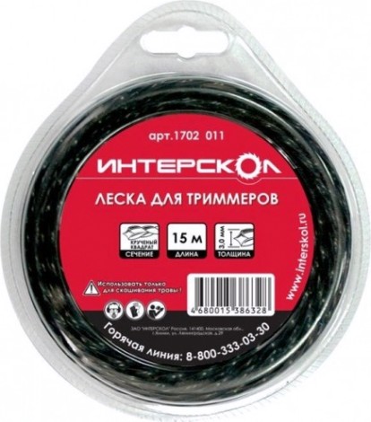 Леска триммерная ИНТЕРСКОЛ d=3 мм, 15 м (сечение-квадрат) [1702.011]