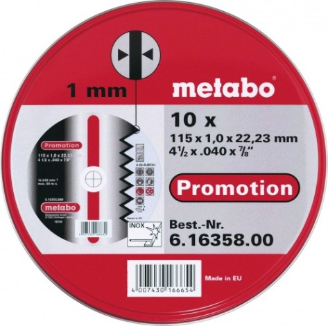 Отрезной круг по нержавеющей стали METABO 115x1,0x22,23 мм А60R (10шт.) в металлической коробке [616358000]