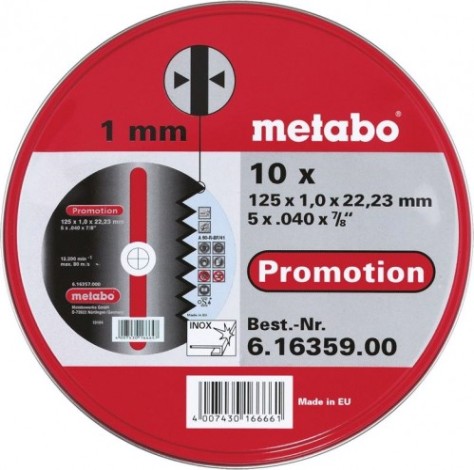Отрезной круг по нержавеющей стали METABO 125x1,0x22,23 мм А60R (10шт.) в металлической коробке [616359000]