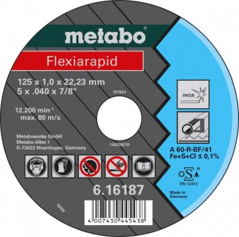 Отрезной круг по нержавеющей стали METABO 125x1,0x22,23 мм А60R Flexiarapid [616187000]