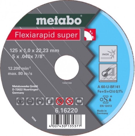 Отрезной круг по нержавеющей стали METABO 125x1,6x22,23 мм А46U Flexiarapid S [616222000]