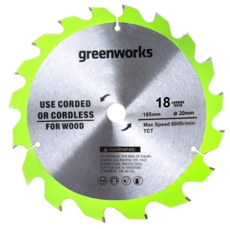 Пильный диск по дереву GREENWORKS 165x1.6x20 мм, 18T [2955807]